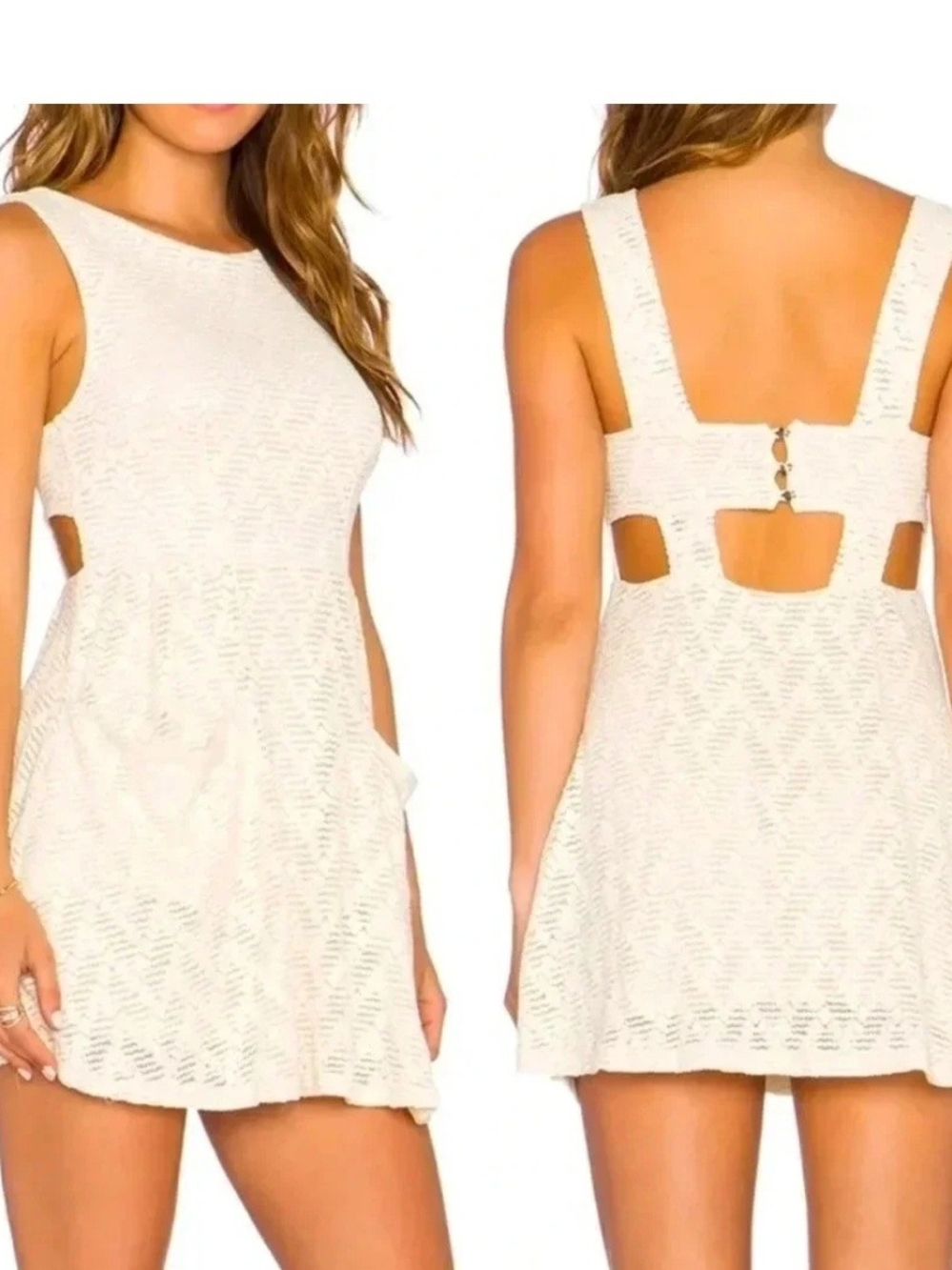 FREE PEOPLE Poppy Open Back Cream Lace Mini Dress with Pockets Size M